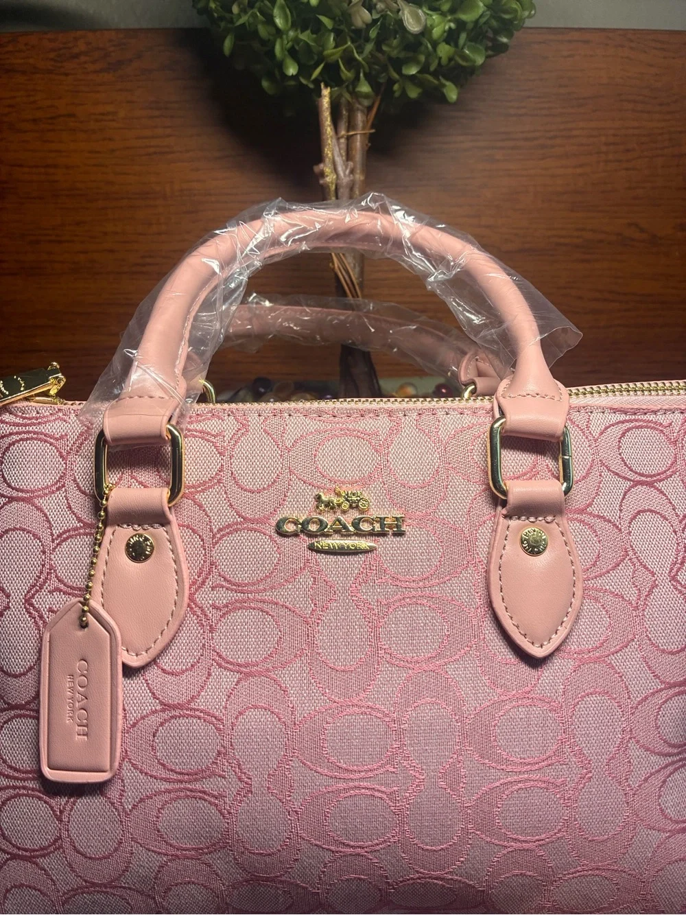 Coach Pink Signature Jacquard Satchel